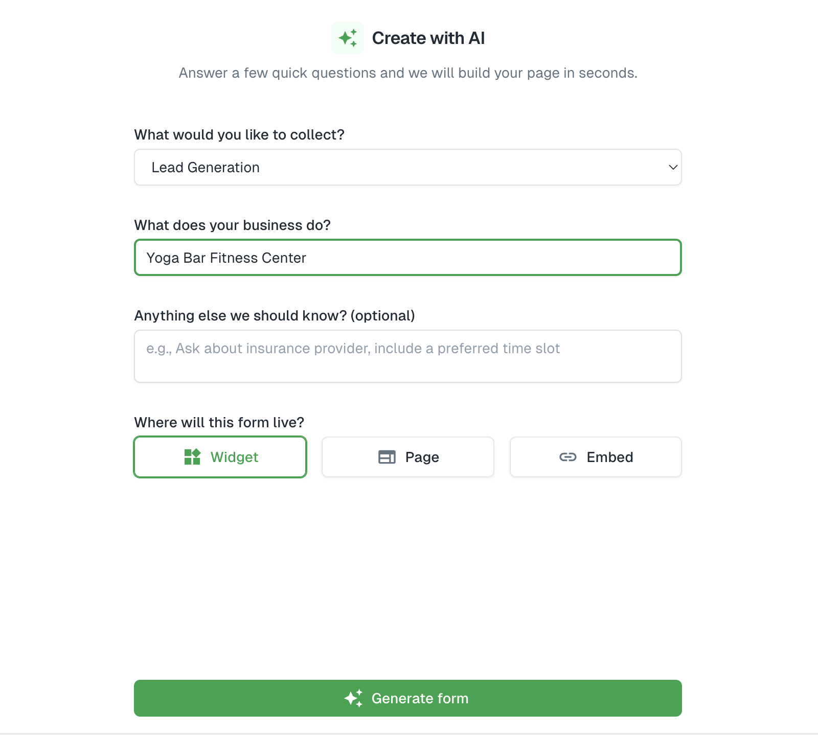 AI form builder interface showing goal selection, business description, and deployment options